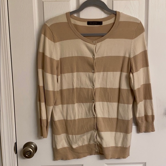 The Limited Sweaters - The Limited Tan and Cream Striped Cotton-Blend Cardigan Sweater Size Large